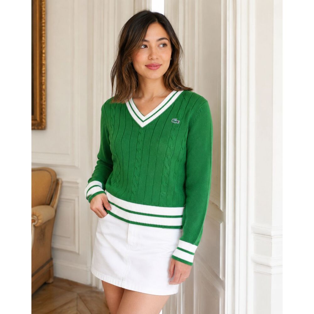 Vintage 80s Izod Lacoste Cable Knit Tennis Sweater Green Collegiate Small XS